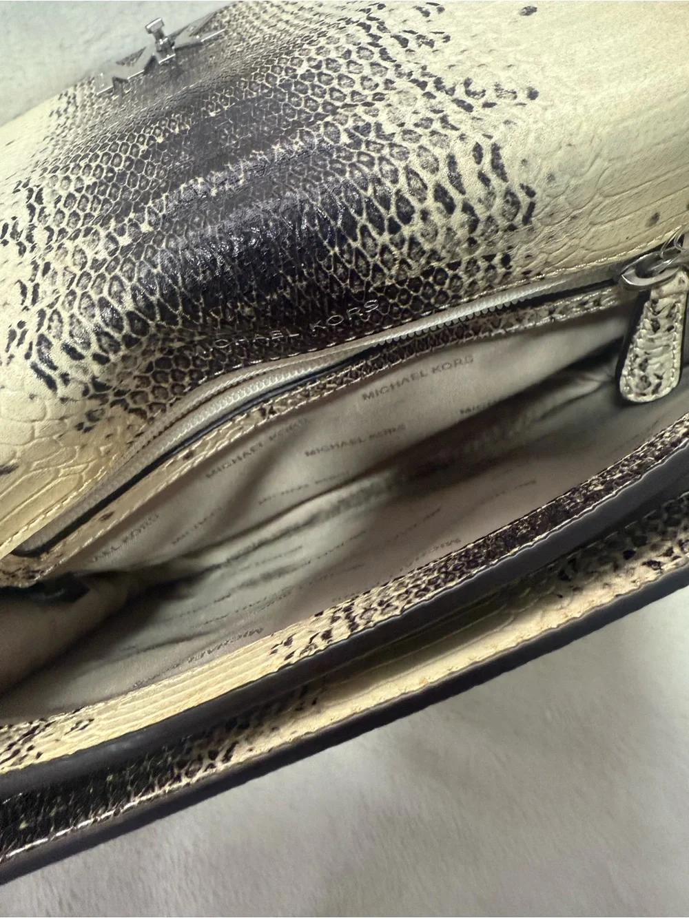 Michael Kors Cream and Black Snake-Print Crossbody with Chain
